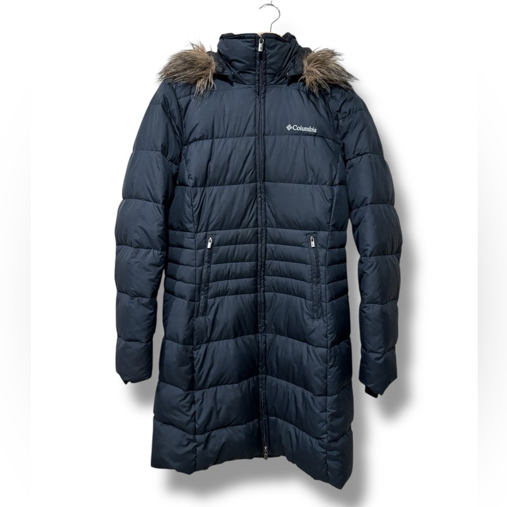 Columbia Varaluck Navy Blue Long Down Hooded Puffer Winter Jacket Coat Small